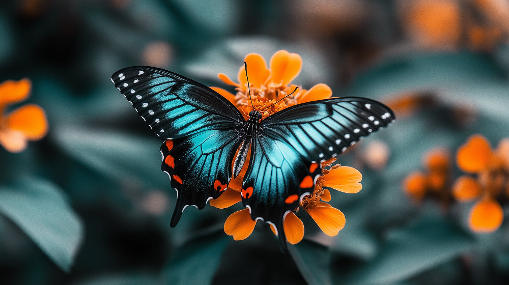 Butterfly wallpaper design file showing detailed macro photography of turquoise wings and orange flowers