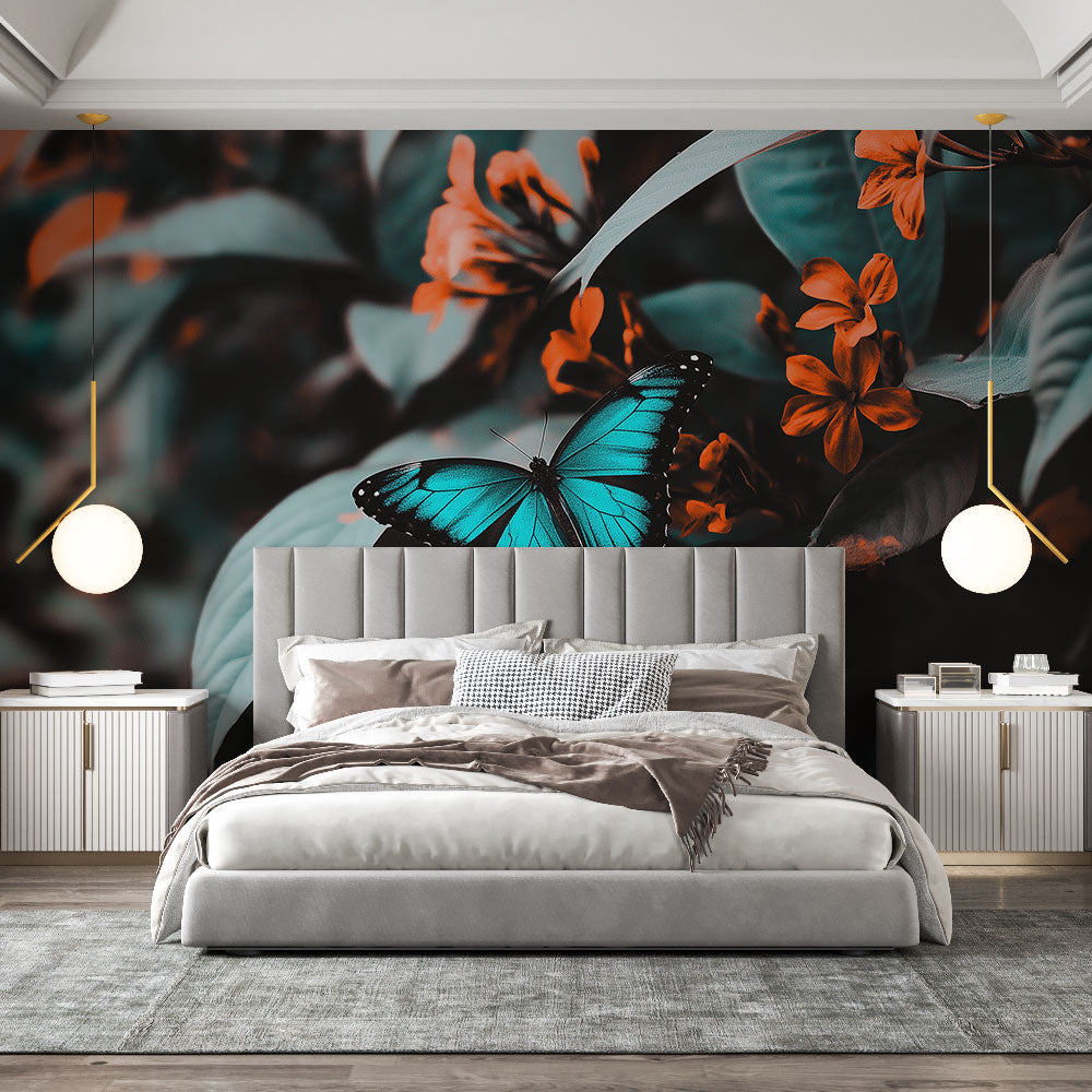 Butterfly wall mural creating a peaceful atmosphere in a bright modern living room with natural light
