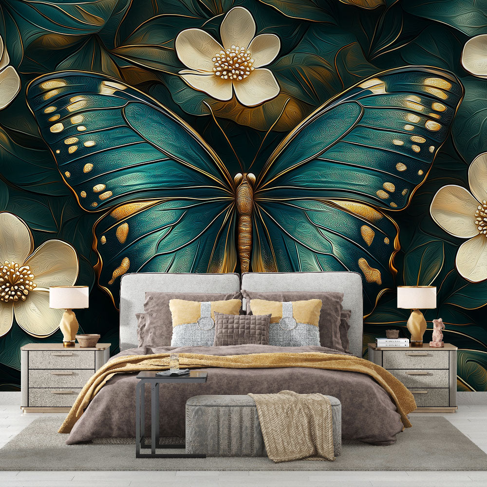 Beautiful Butterfly Mural Wallpaper creating an elegant focal point in a bright modern living room with gold accents