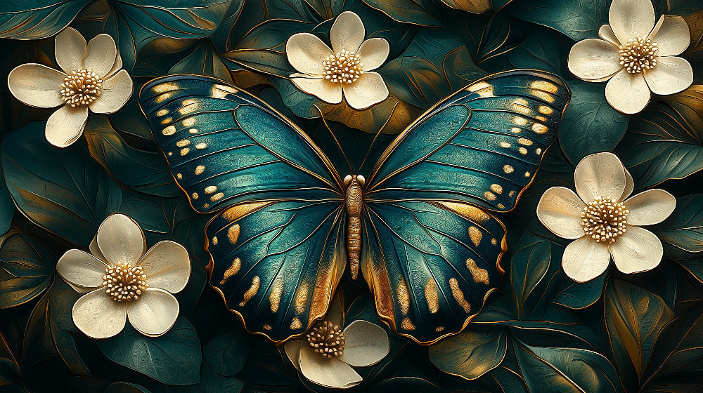 Turquoise and gold butterfly wallpaper design file showing intricate wing patterns and floral details