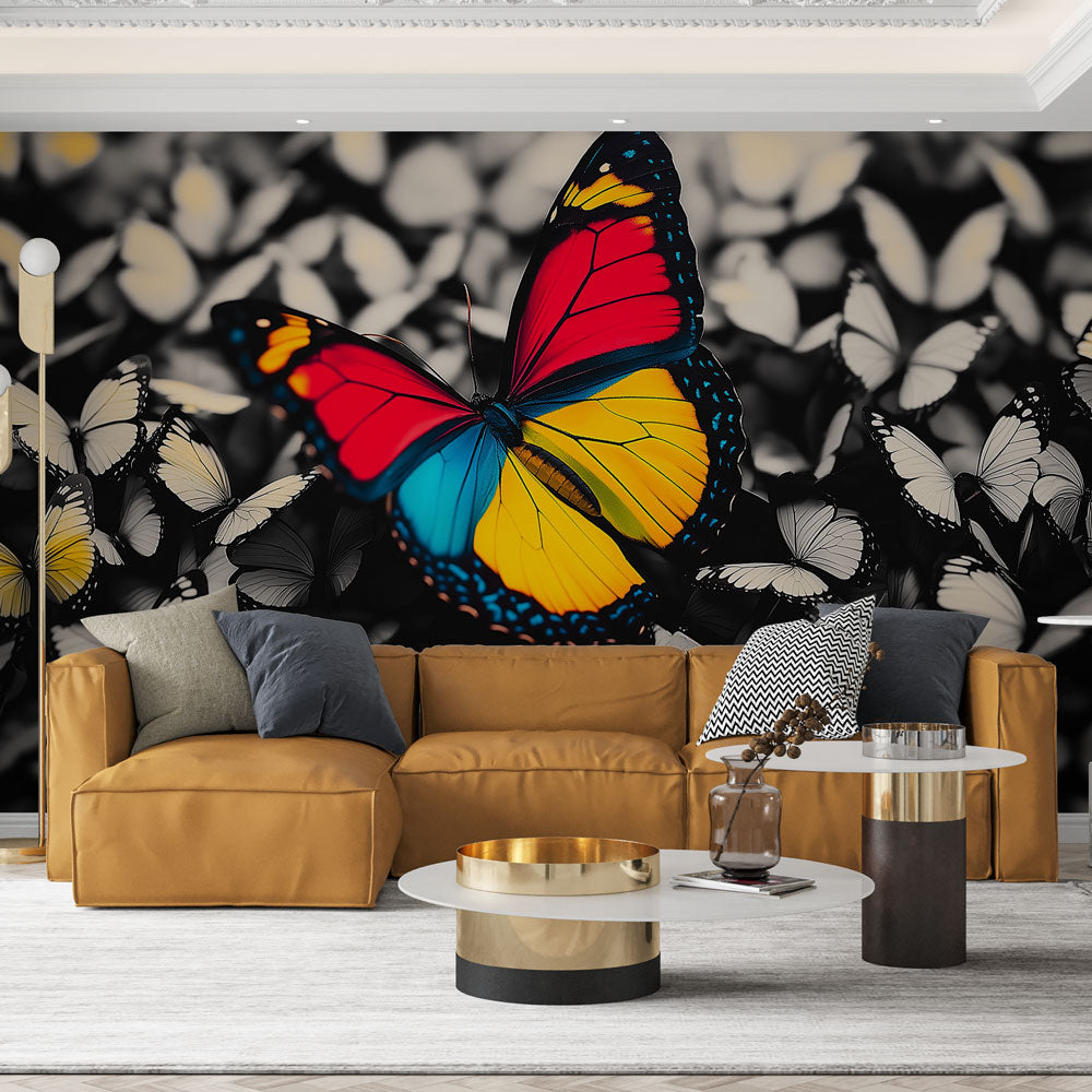 Butterfly wall mural in modern living room showing vibrant red butterfly against monochrome pattern, natural lighting