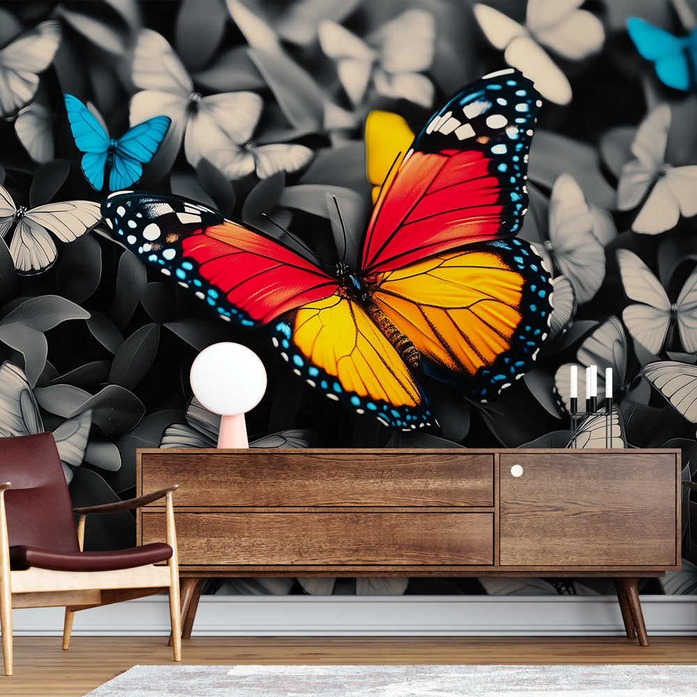 Beautiful Butterfly Wall Mural creating a stunning focal point in a bright modern living room, perfect for nature-inspired home decor