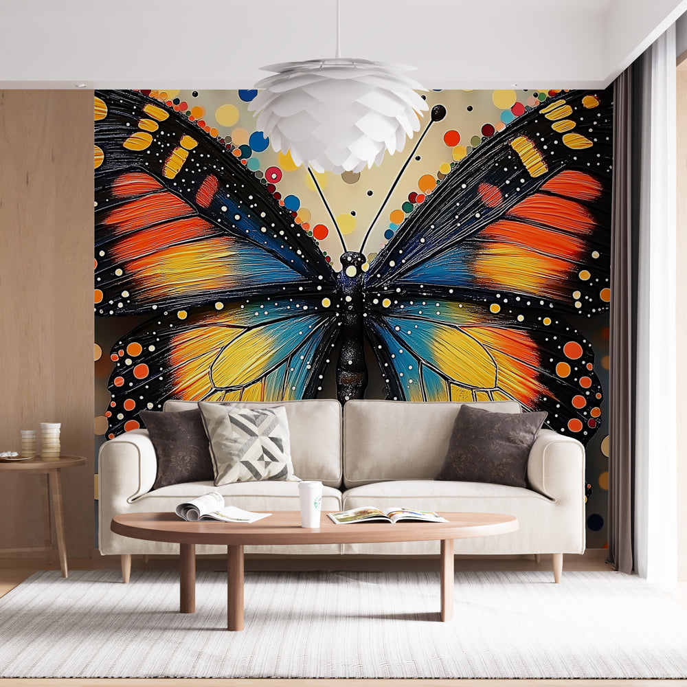 Butterfly wall mural featuring vibrant Monarch butterfly in modern living room setting with natural light