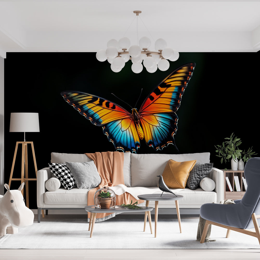 Butterfly wall mural bringing bold orange and blue colors to a modern living room, creating a stunning accent wall
