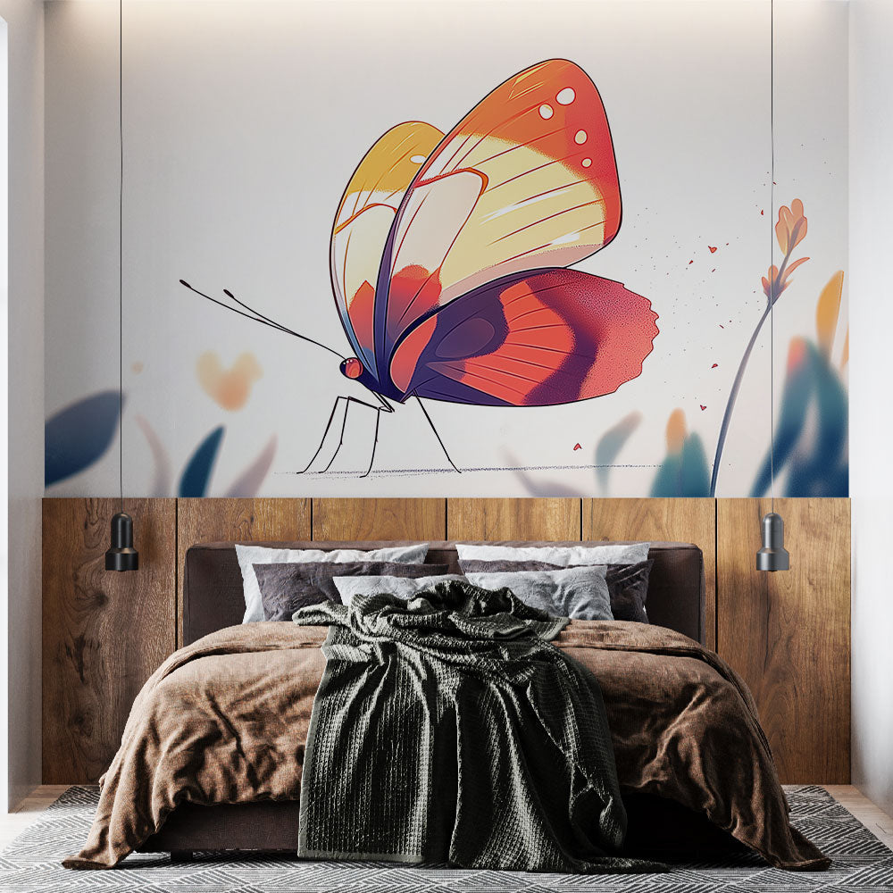Bright orange butterfly wallpaper mural creating a sunny accent wall in a modern living room with white furniture