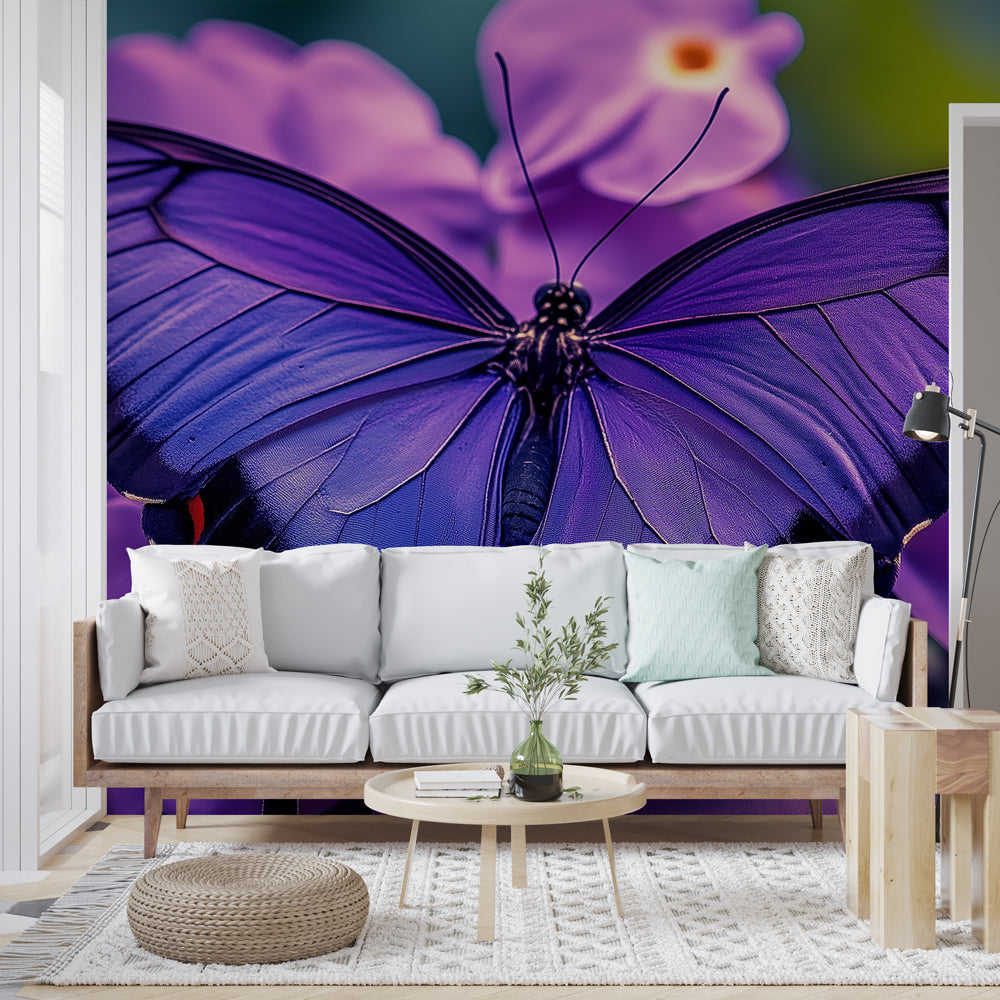Purple Butterfly Wall Mural creating a stunning accent wall in a bright modern bedroom with natural light