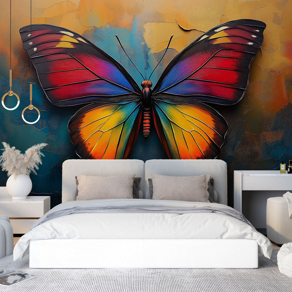 Butterfly wall mural creating a stunning focal point in a modern living room with white furniture and natural light
