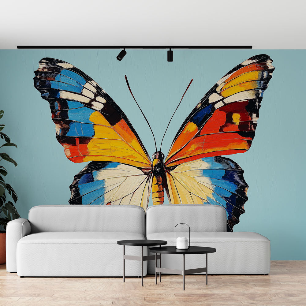 Beautiful Butterfly Wall Mural displayed in a bright modern living room, creating a stunning focal point above a grey sofa