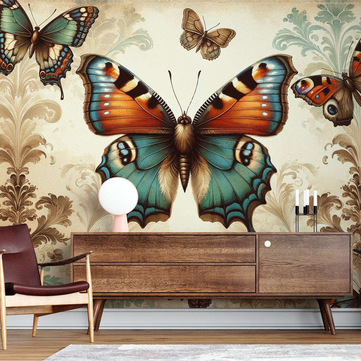 Butterfly Art Deco Wallpaper showcasing warm turquoise and orange tones in an elegant living room setting