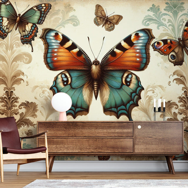 Butterfly Art Deco Wallpaper showcasing warm turquoise and orange tones in an elegant living room setting