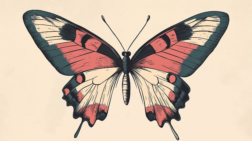 Vintage butterfly design file showing detailed wing patterns in coral pink and teal