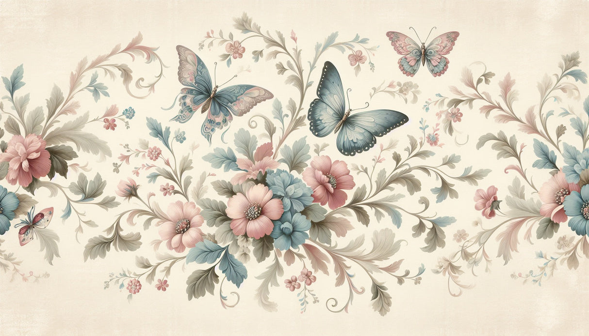 Butterfly wall mural with vintage floral design creating an elegant atmosphere in a bright living room with modern furniture