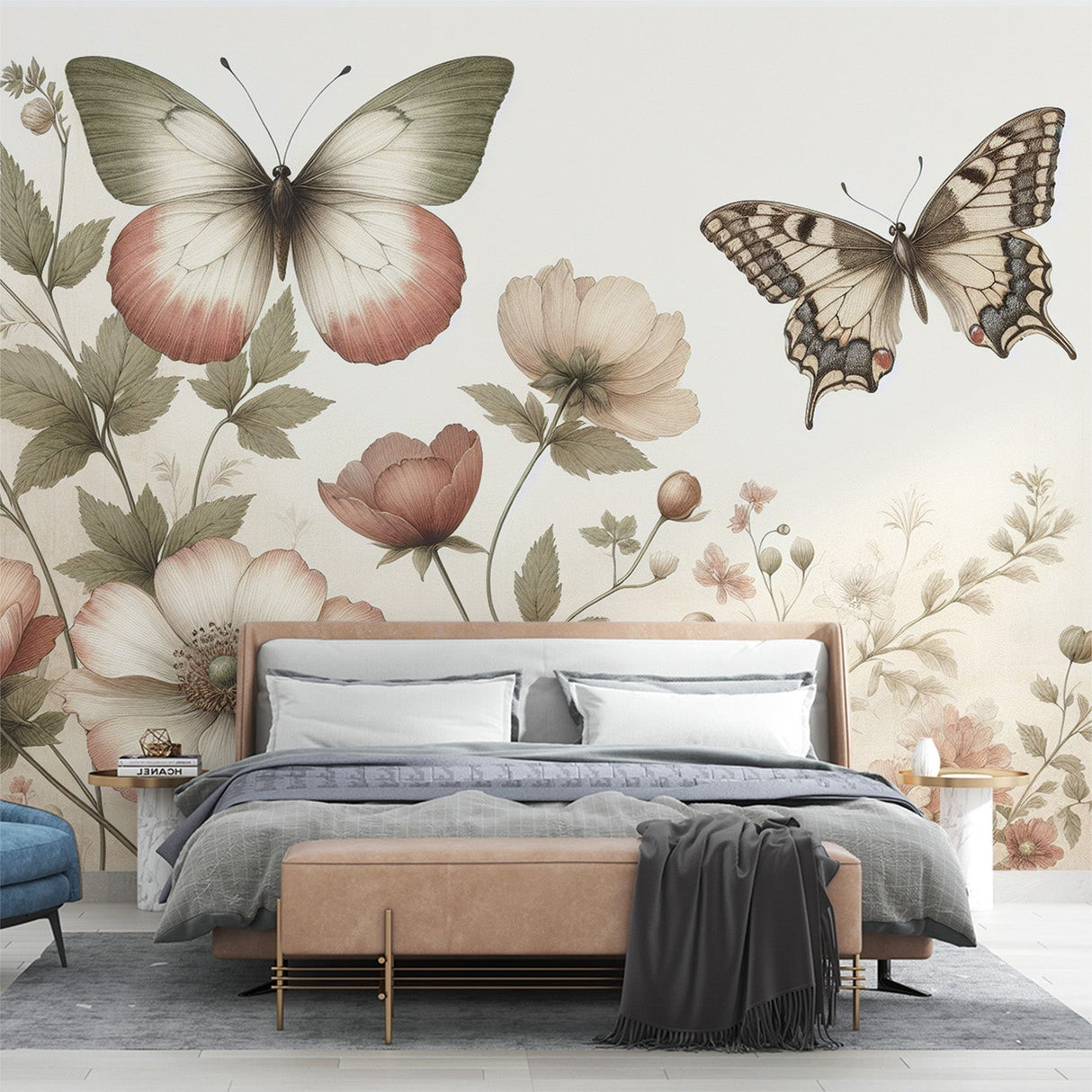 Butterfly and pink anemone wallpaper creating a soft, romantic atmosphere in a bright living room with natural light