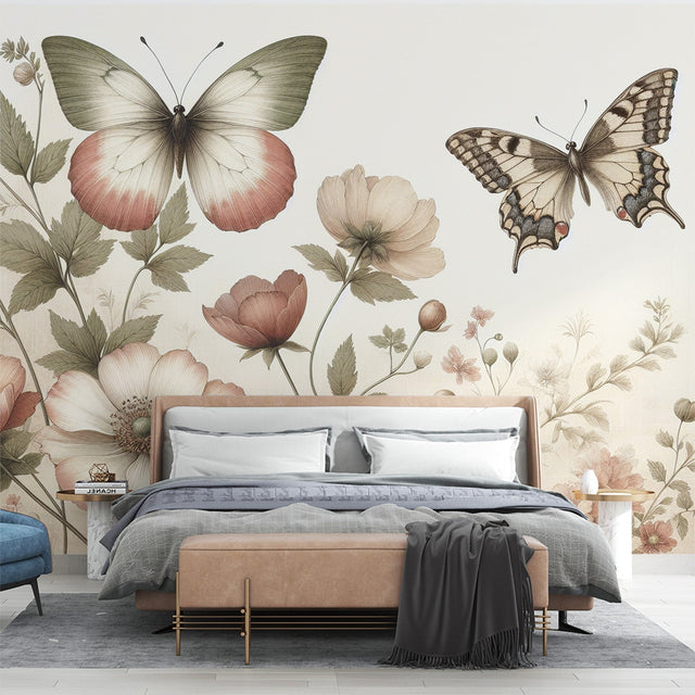 Butterfly and pink anemone wallpaper creating a soft, romantic atmosphere in a bright living room with natural light