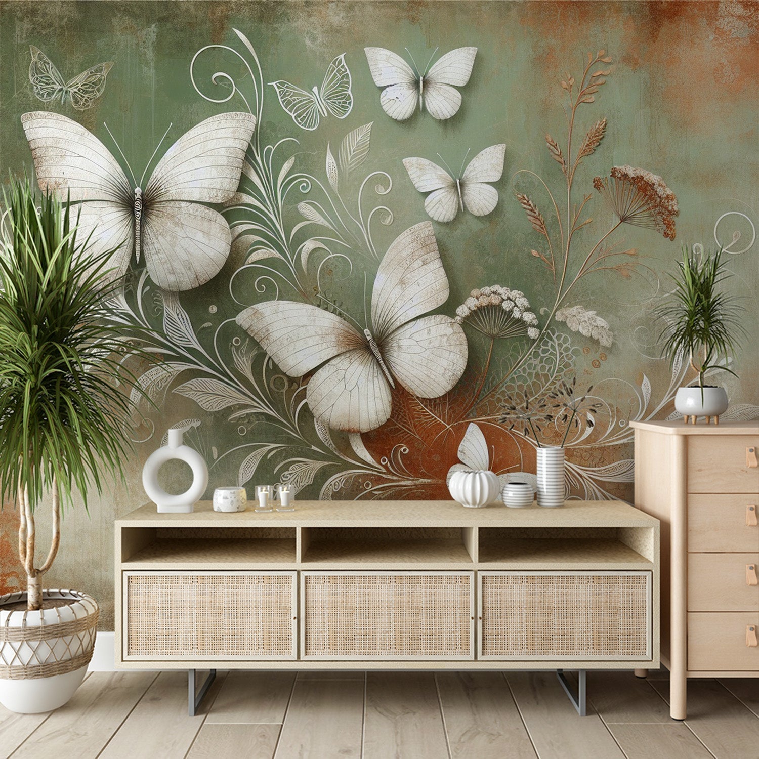 Butterfly wallpaper mural creating a serene atmosphere in a bright living room with sage green and terracotta accents