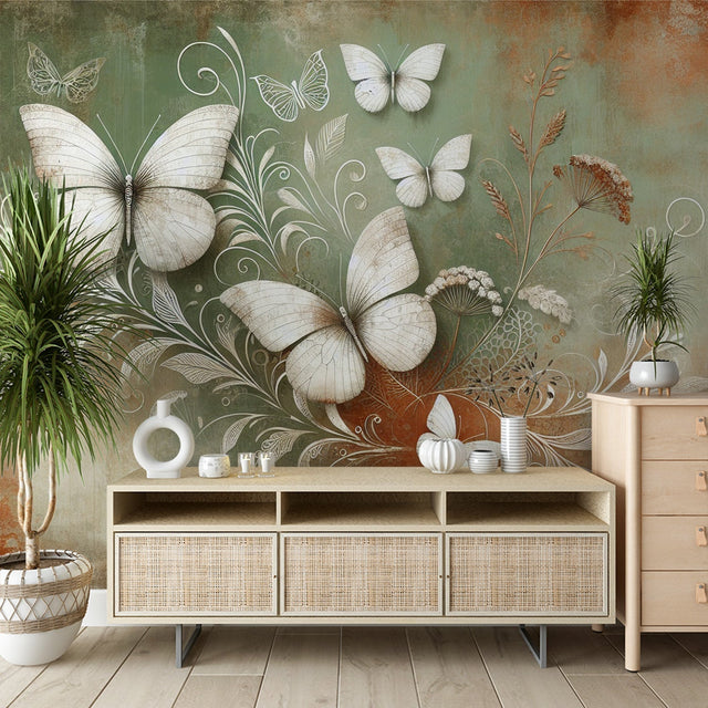 Butterfly wallpaper mural creating a serene atmosphere in a bright living room with sage green and terracotta accents