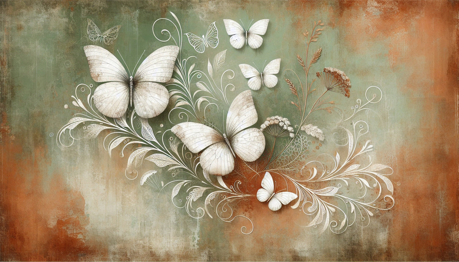 Vintage butterfly wallpaper design file with delicate white butterflies on sage green and terracotta background