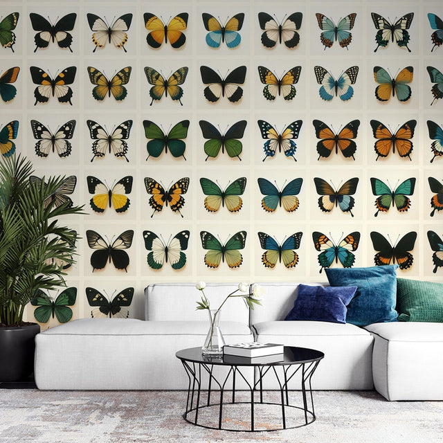 Butterfly wall mural displayed in a bright study room, showing detailed vintage specimens against a cream background