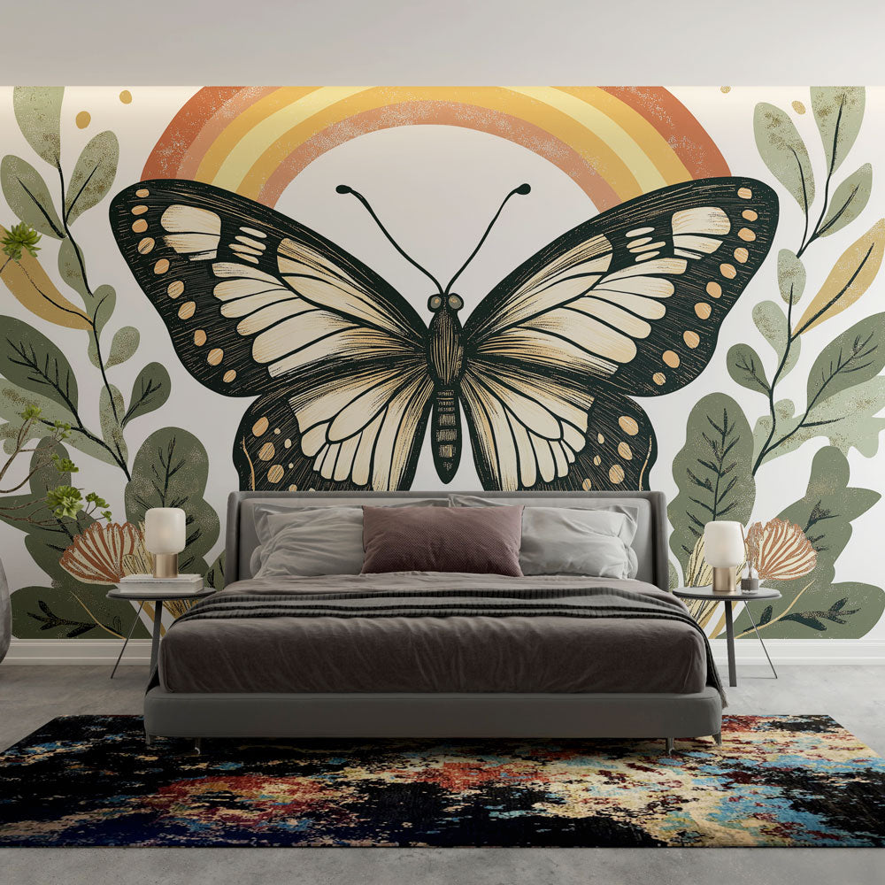 Butterfly mural wallpaper creating a serene focal point in a bright living room with white furniture and natural light