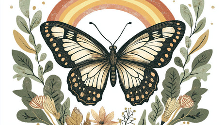 Vintage butterfly wallpaper design file showing detailed monarch illustration with rainbow arch and botanical elements
