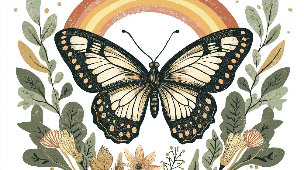 Vintage butterfly wallpaper design file showing detailed monarch illustration with rainbow arch and botanical elements