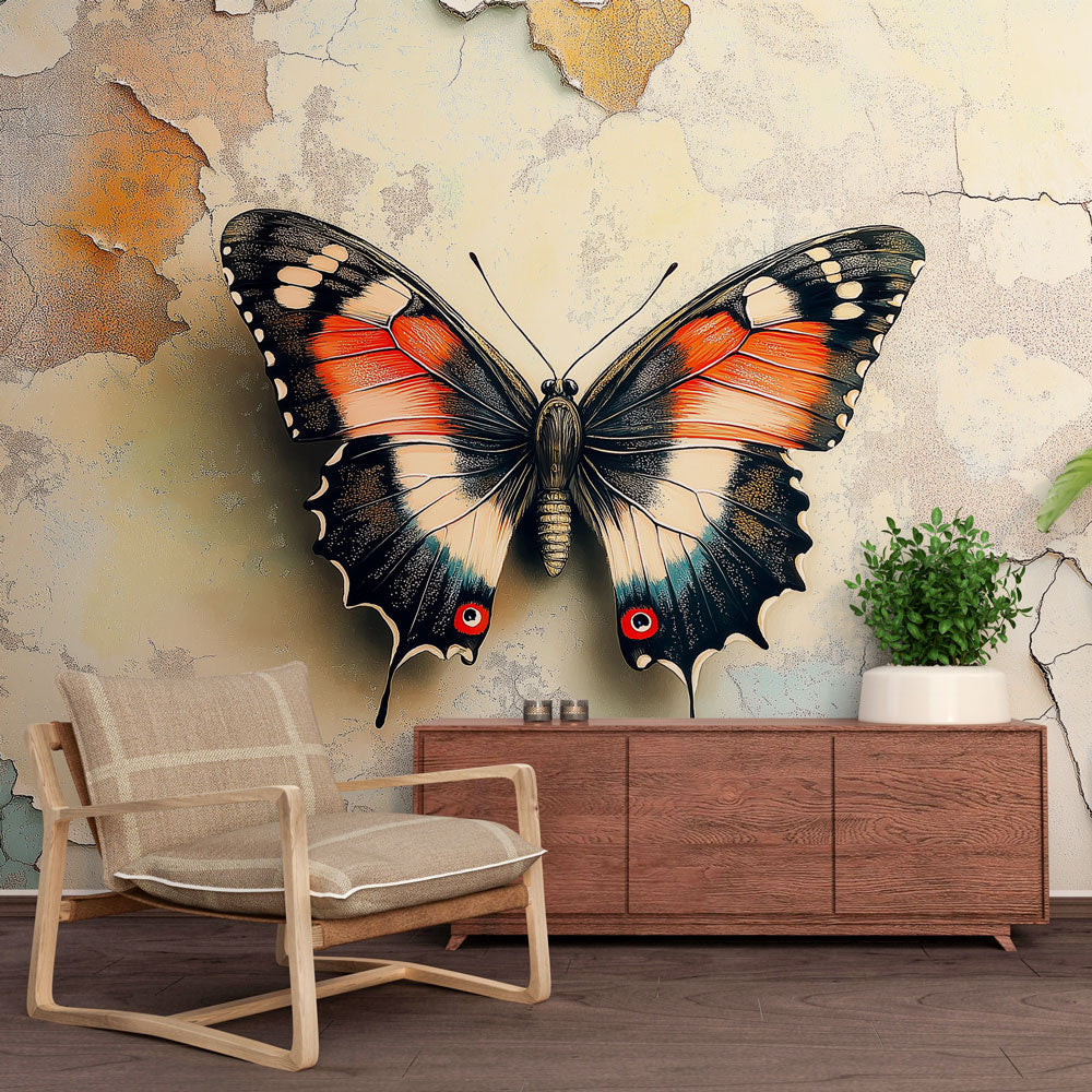 Butterfly wall mural featuring orange and black wings creates dramatic impact in a modern living room with natural light