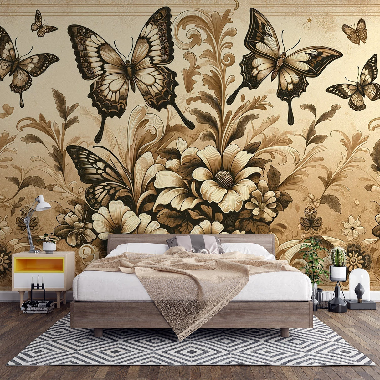 Butterfly sepia wallpaper mural creating a cozy atmosphere in a bright living room with vintage furniture