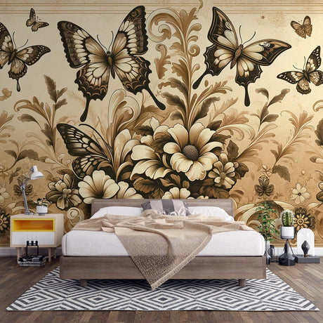 Butterfly sepia wallpaper mural creating a cozy atmosphere in a bright living room with vintage furniture