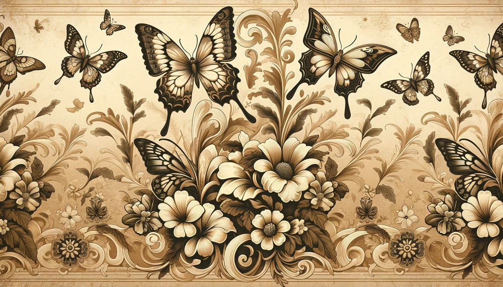 Vintage butterfly and floral design file showing intricate sepia pattern details