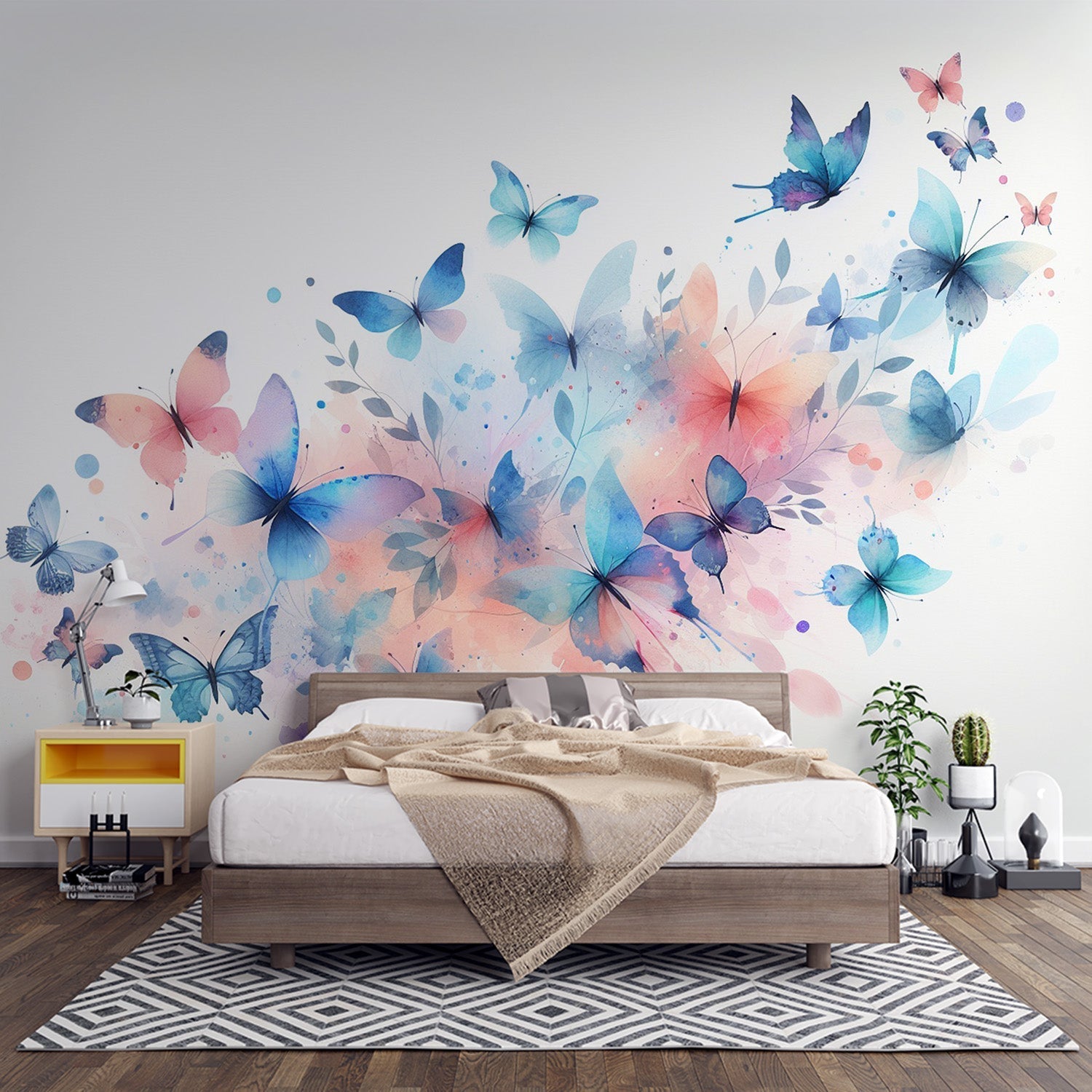 Butterfly wall mural in a bright living room, showing watercolor butterflies in soft blue and pink tones