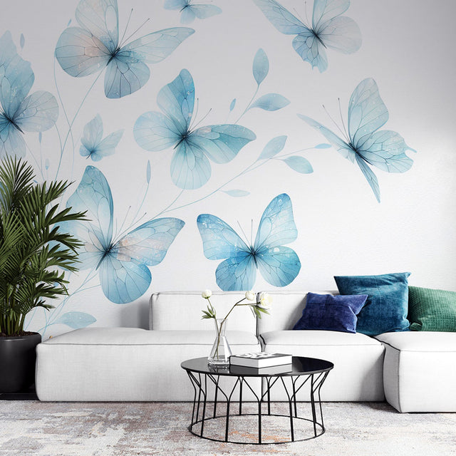 Beautiful blue butterfly wallpaper mural creating a peaceful atmosphere in a bright modern bedroom