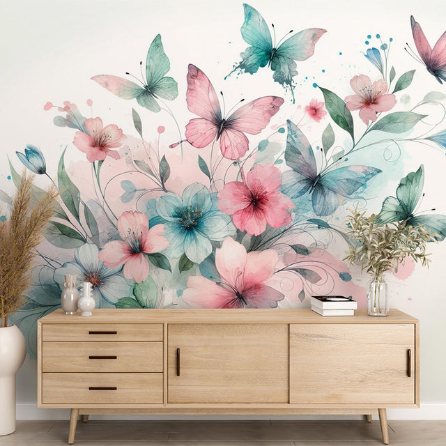 Butterfly wallpaper mural creating a dreamy atmosphere in a bright modern living room with pink and turquoise accents