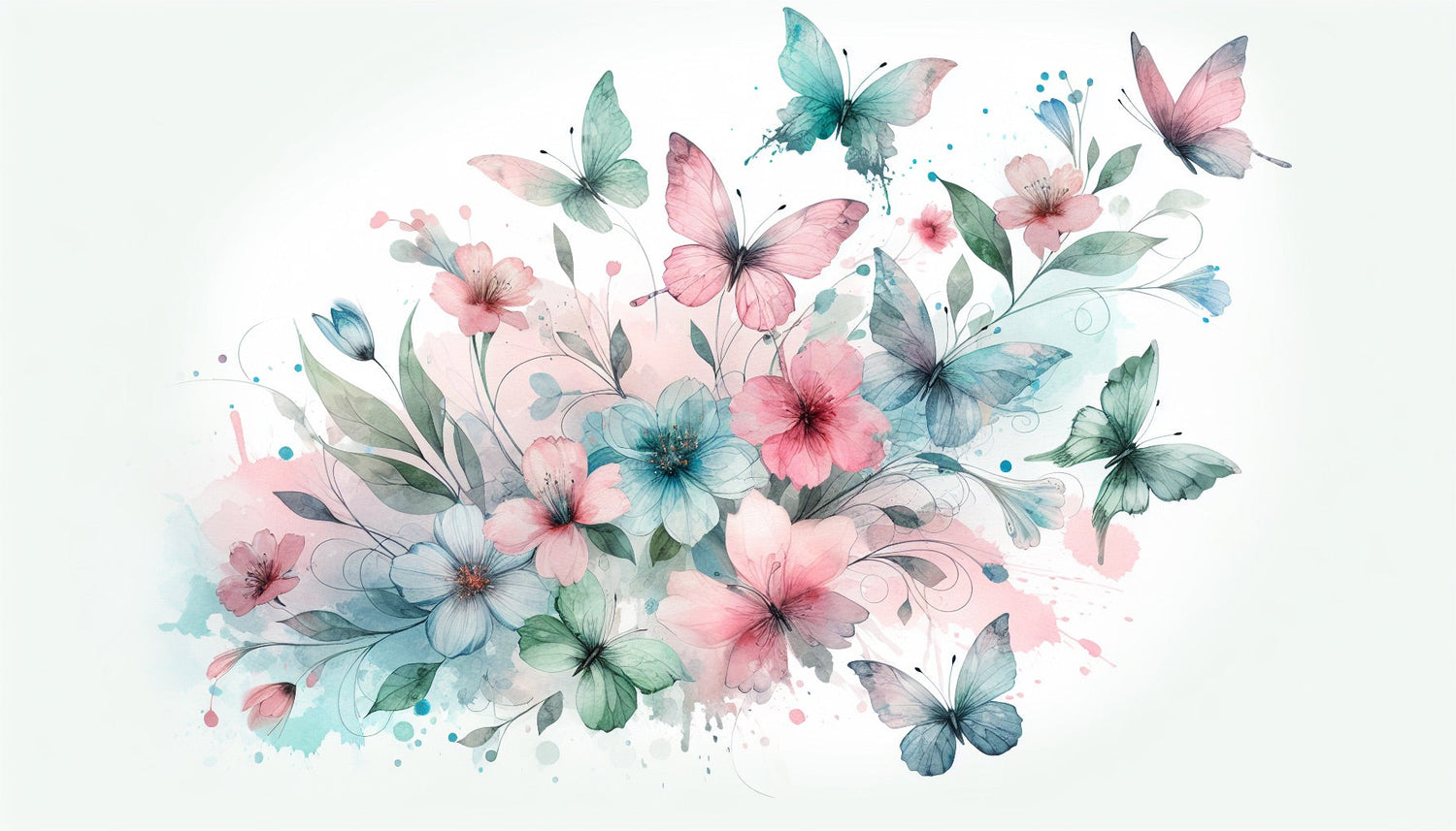 Watercolor butterfly and floral wallpaper design file showing delicate pink and turquoise pattern