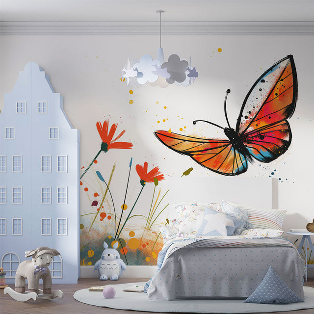 Butterfly wall mural with orange wings in bright modern living room, creating a fresh spring feeling