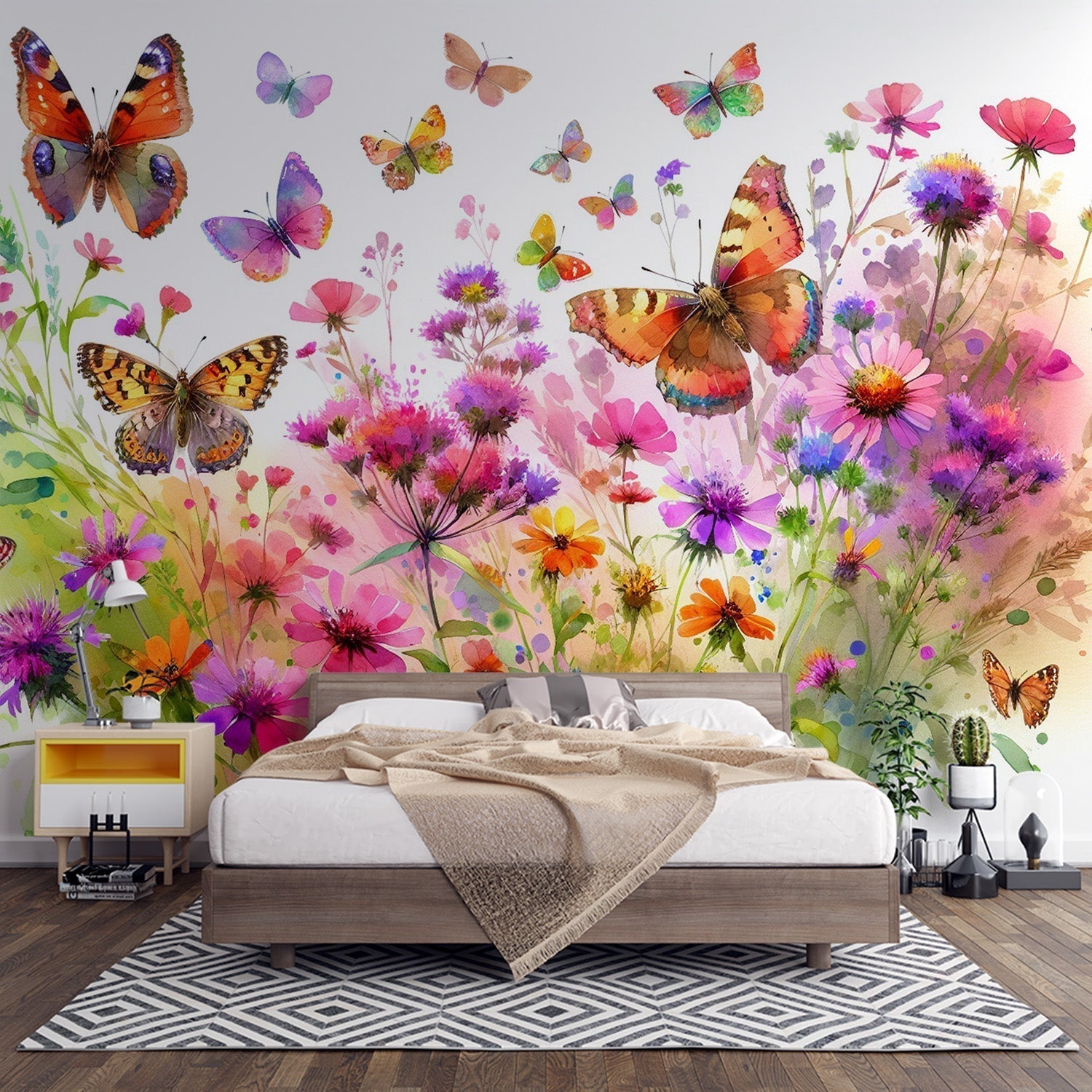 Butterfly garden wallpaper bringing life to a bright living room with natural light and modern furniture