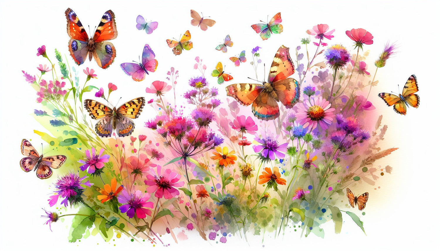 Watercolor butterfly design file showing delicate wings and wild flower pattern in soft pink and purple hues