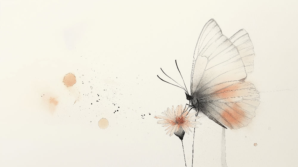 Butterfly wallpaper in modern living room showing soft grey and peach tones creating a peaceful atmosphere