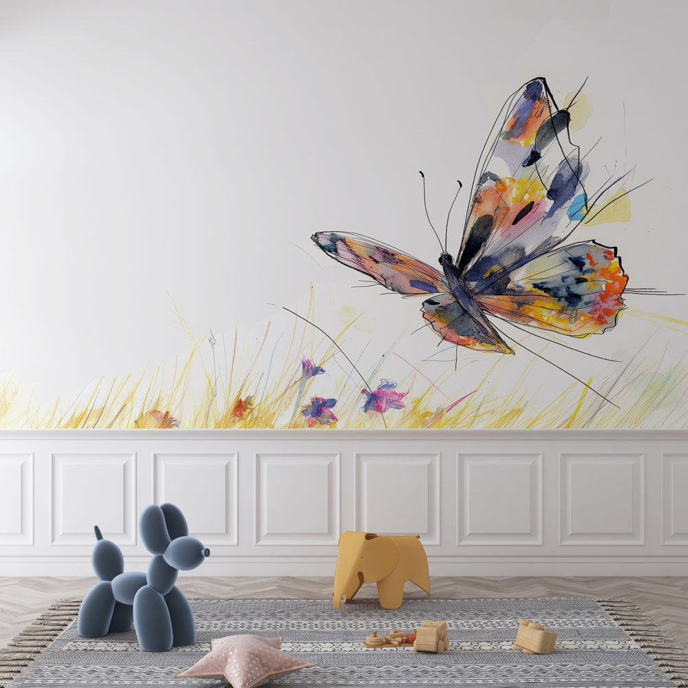 Watercolor Butterfly Mural transforms a bright living room with soft, artistic nature vibes