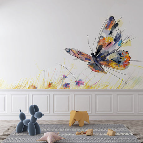 Watercolor Butterfly Mural transforms a bright living room with soft, artistic nature vibes