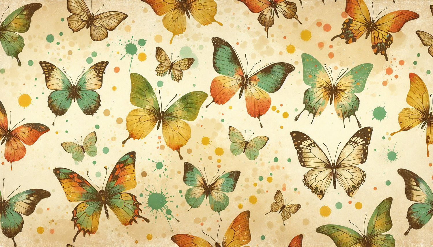 Watercolor butterfly wallpaper design file showing detailed pattern of green and orange butterflies