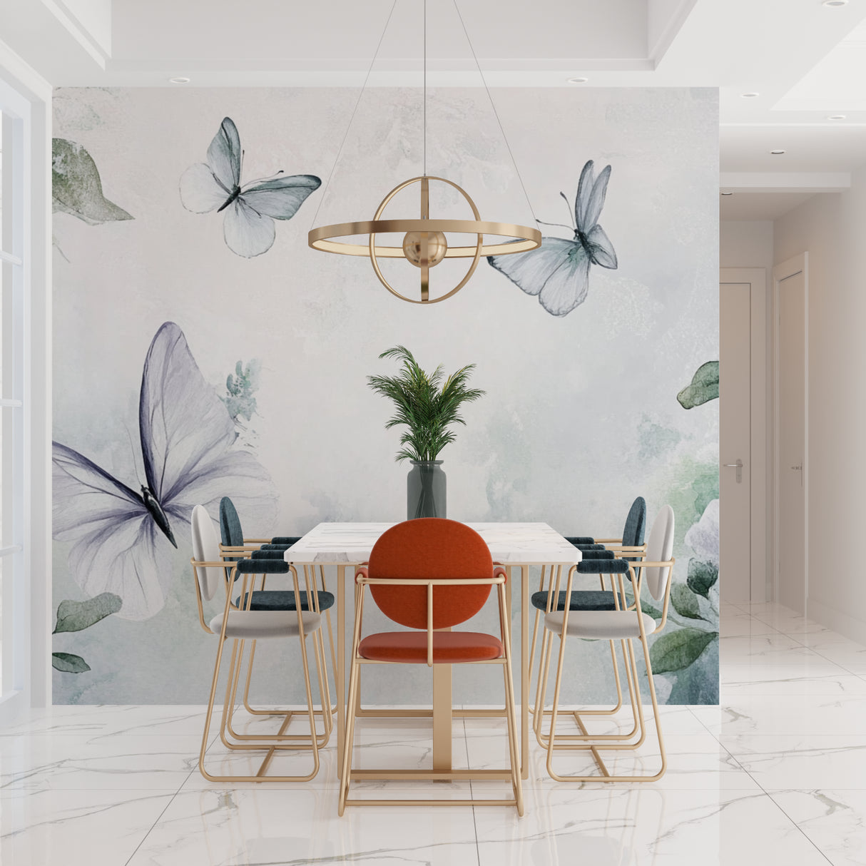 Butterfly watercolor mural creating a peaceful atmosphere in a modern living room with natural light