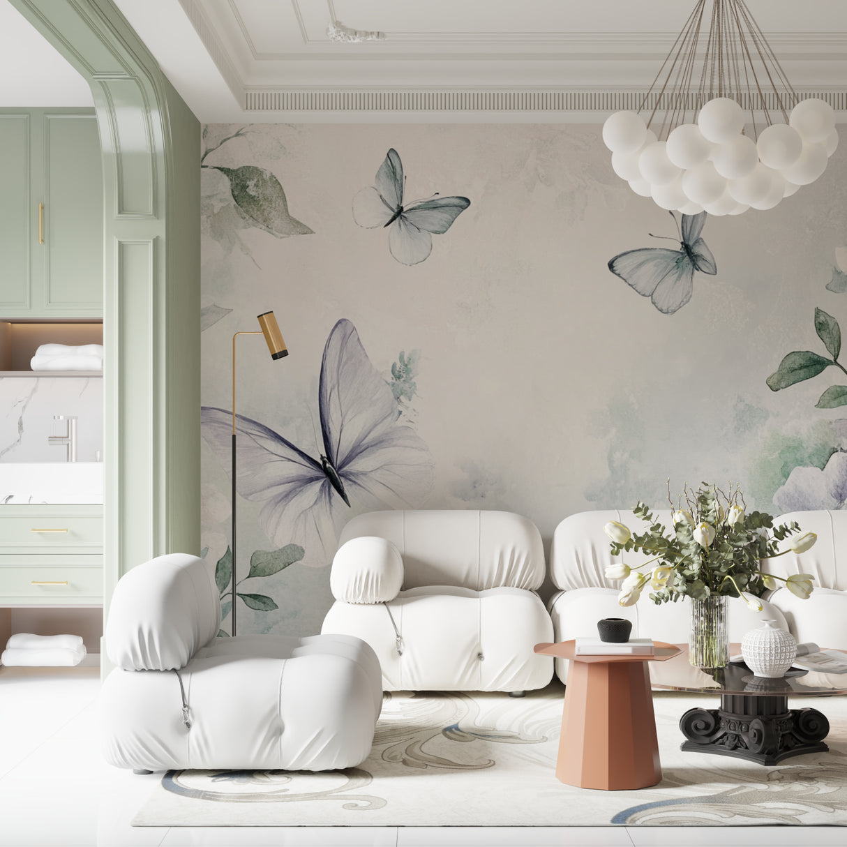 Elegant butterfly wall mural bringing nature's charm to a cozy bedroom setting