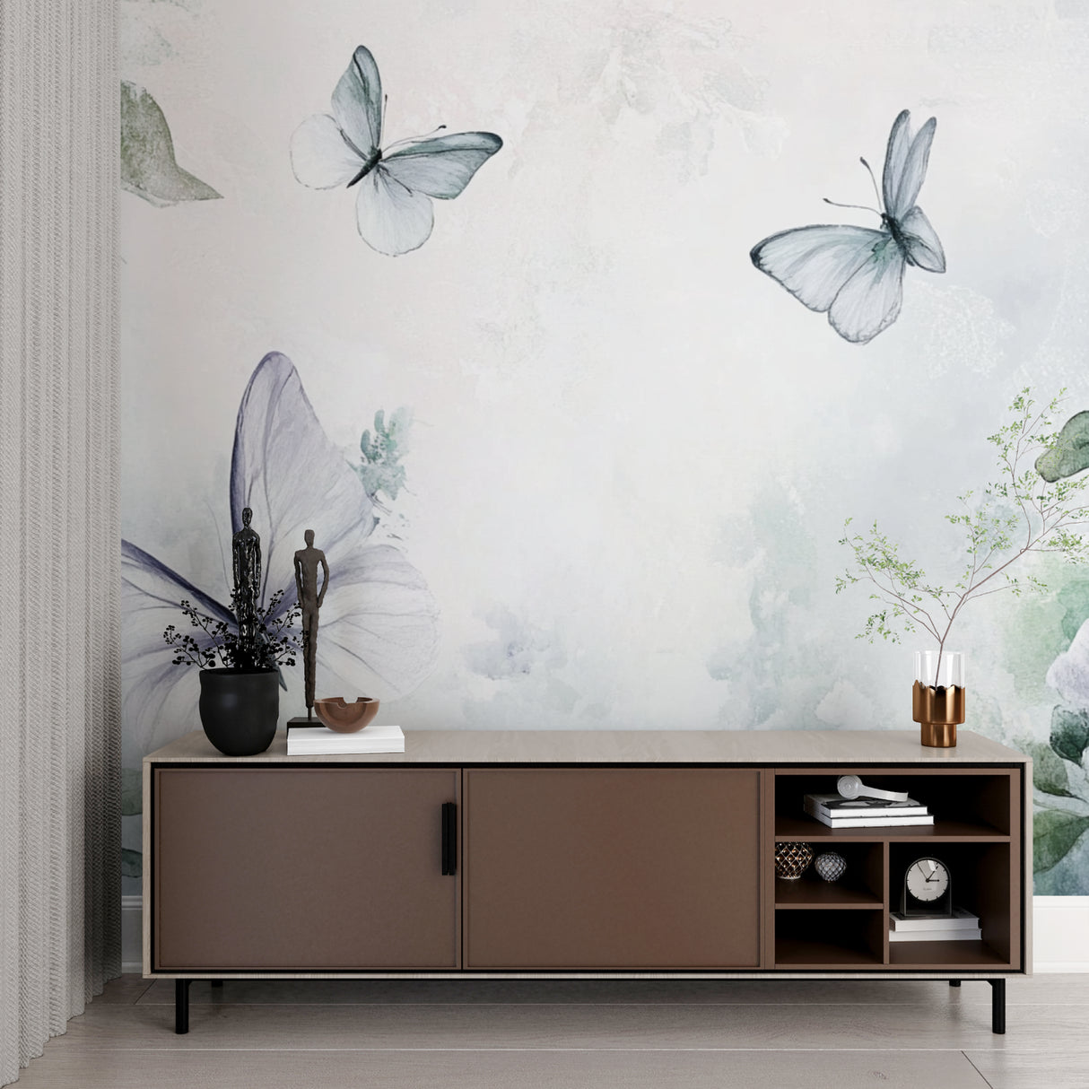 Watercolor butterfly wallpaper adding soft movement to a bright dining room