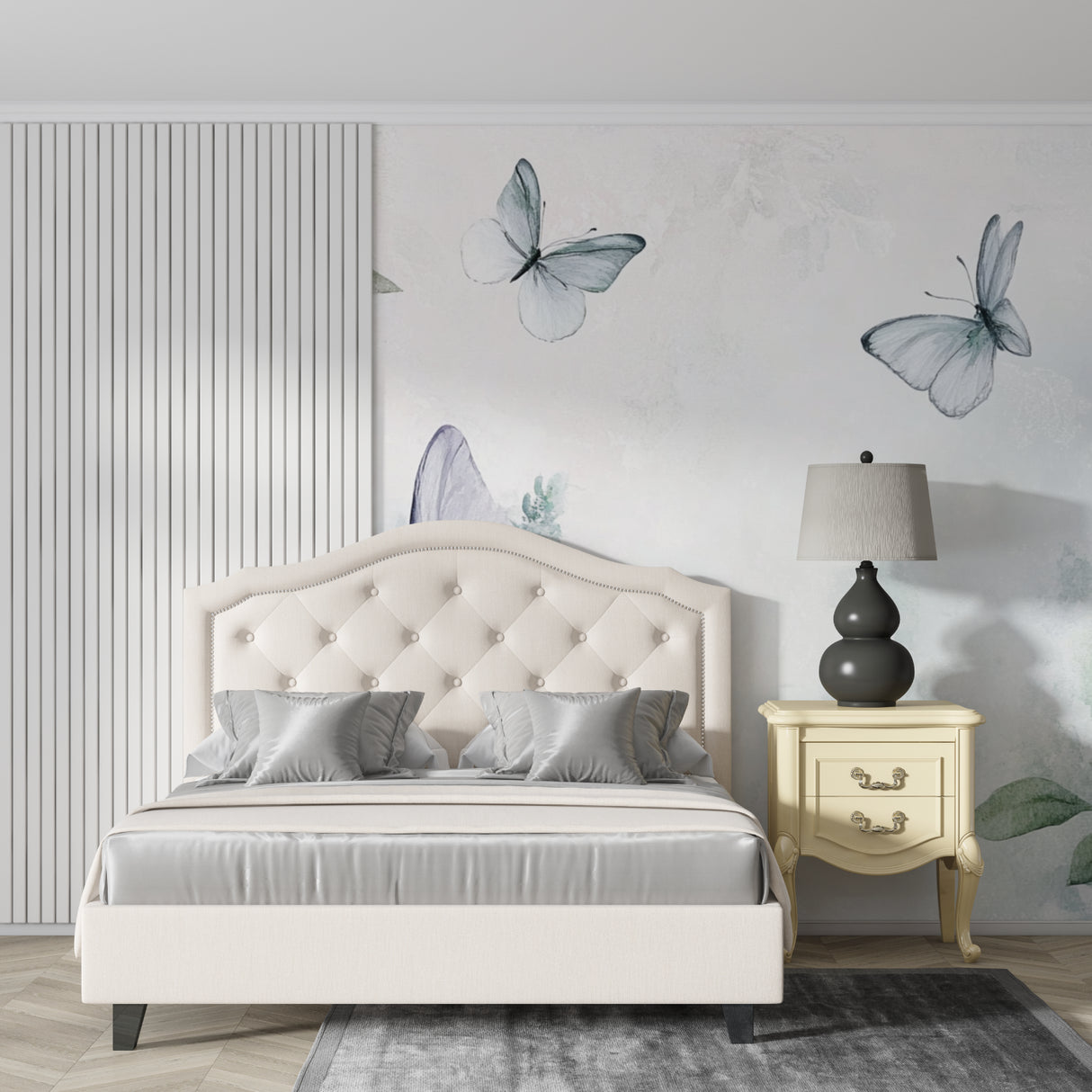 Dreamy butterfly mural enhancing a home office with gentle natural elements