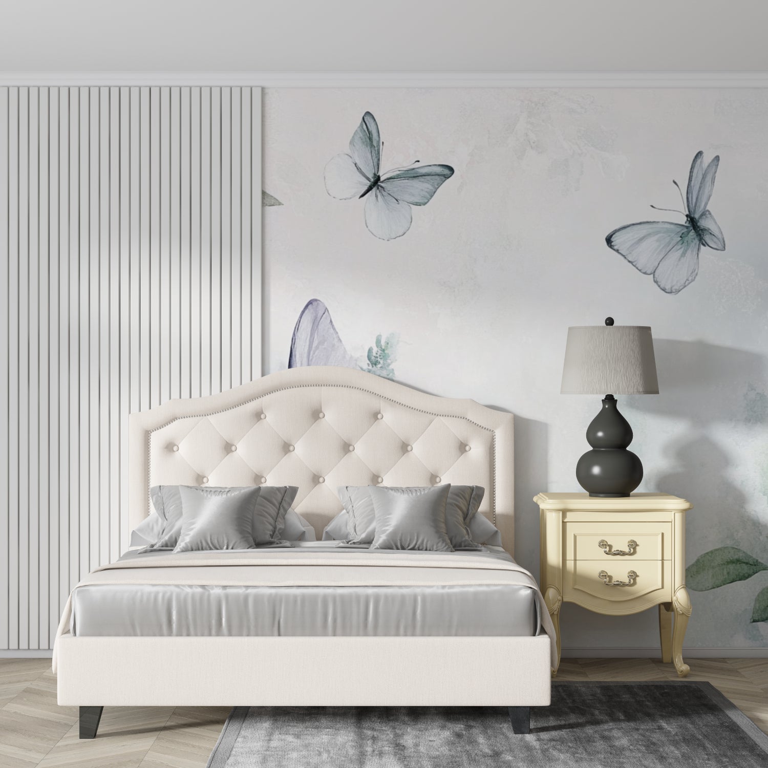 Dreamy butterfly mural enhancing a home office with gentle natural elements