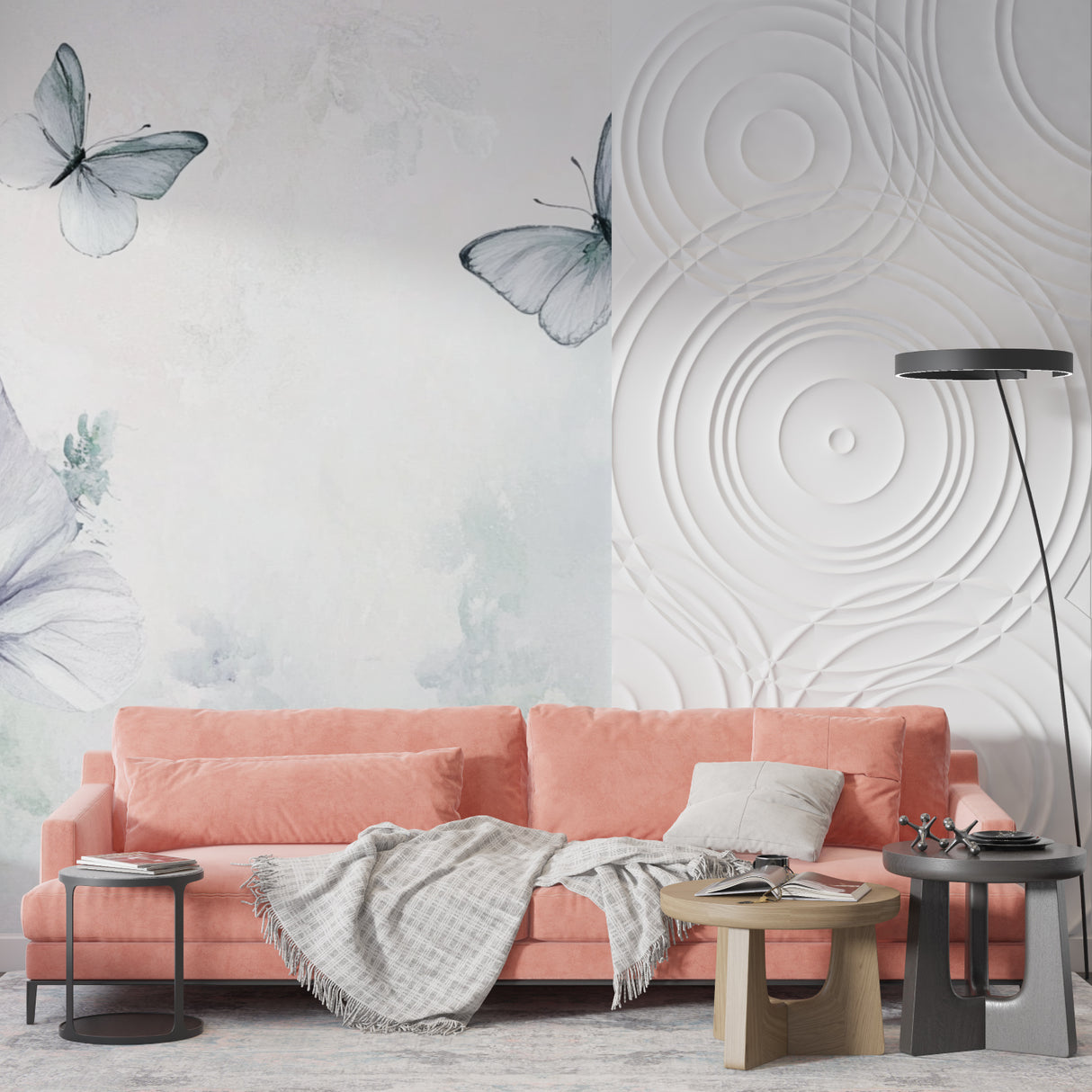 Beautiful butterfly wallpaper creating depth in a stylish entryway