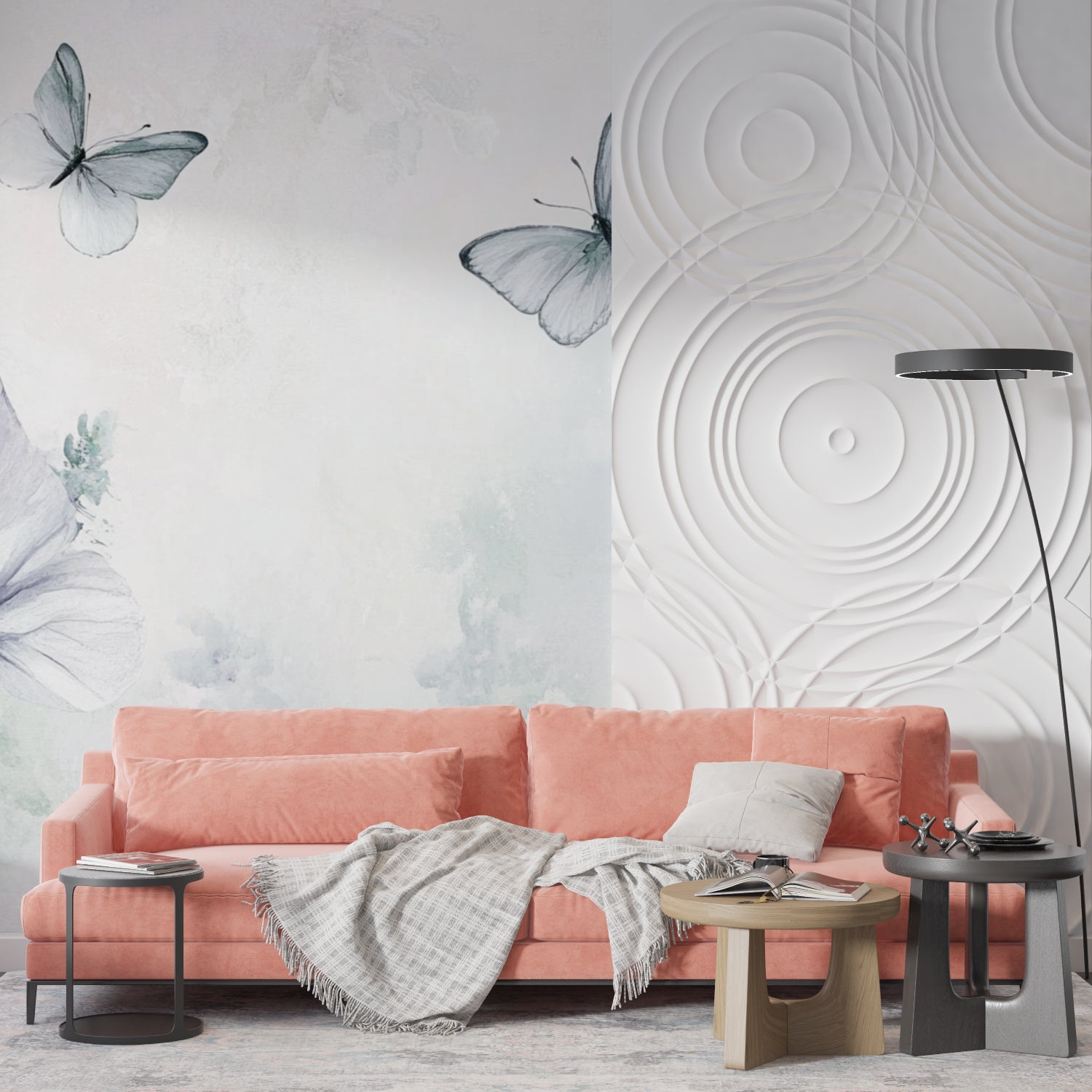 Beautiful butterfly wallpaper creating depth in a stylish entryway