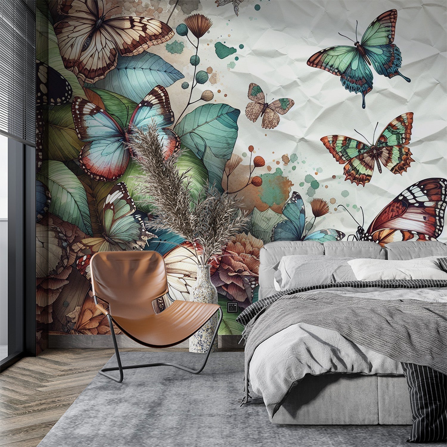Butterfly wall mural in modern living room showing turquoise watercolor design creating a peaceful atmosphere
