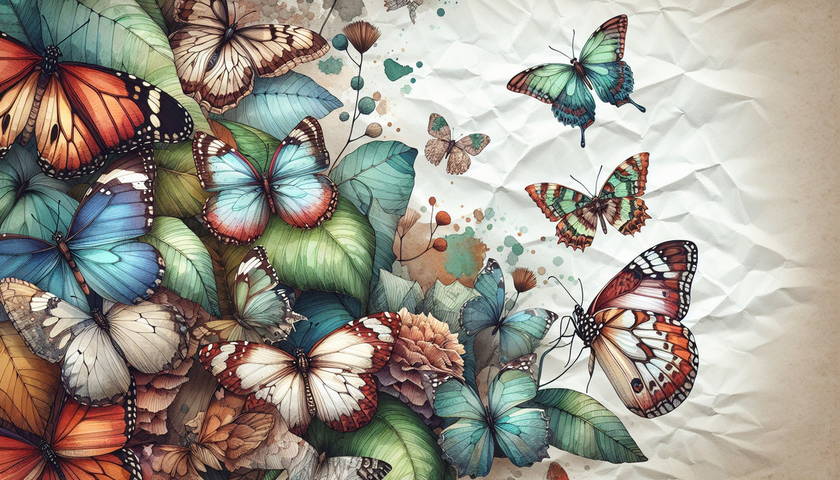 Butterfly wallpaper design file showing detailed watercolor pattern with turquoise wings and nature elements