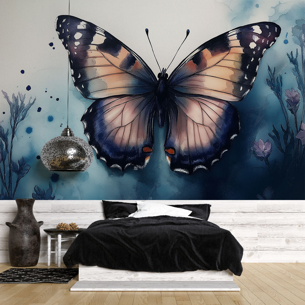 Navy blue butterfly wallpaper mural in modern living room creating peaceful atmosphere with watercolor effects